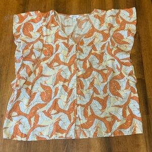 Nine West Blouse XL Orange and Cream Tropical Patten Rayon Blend Ruffle Sleeves
